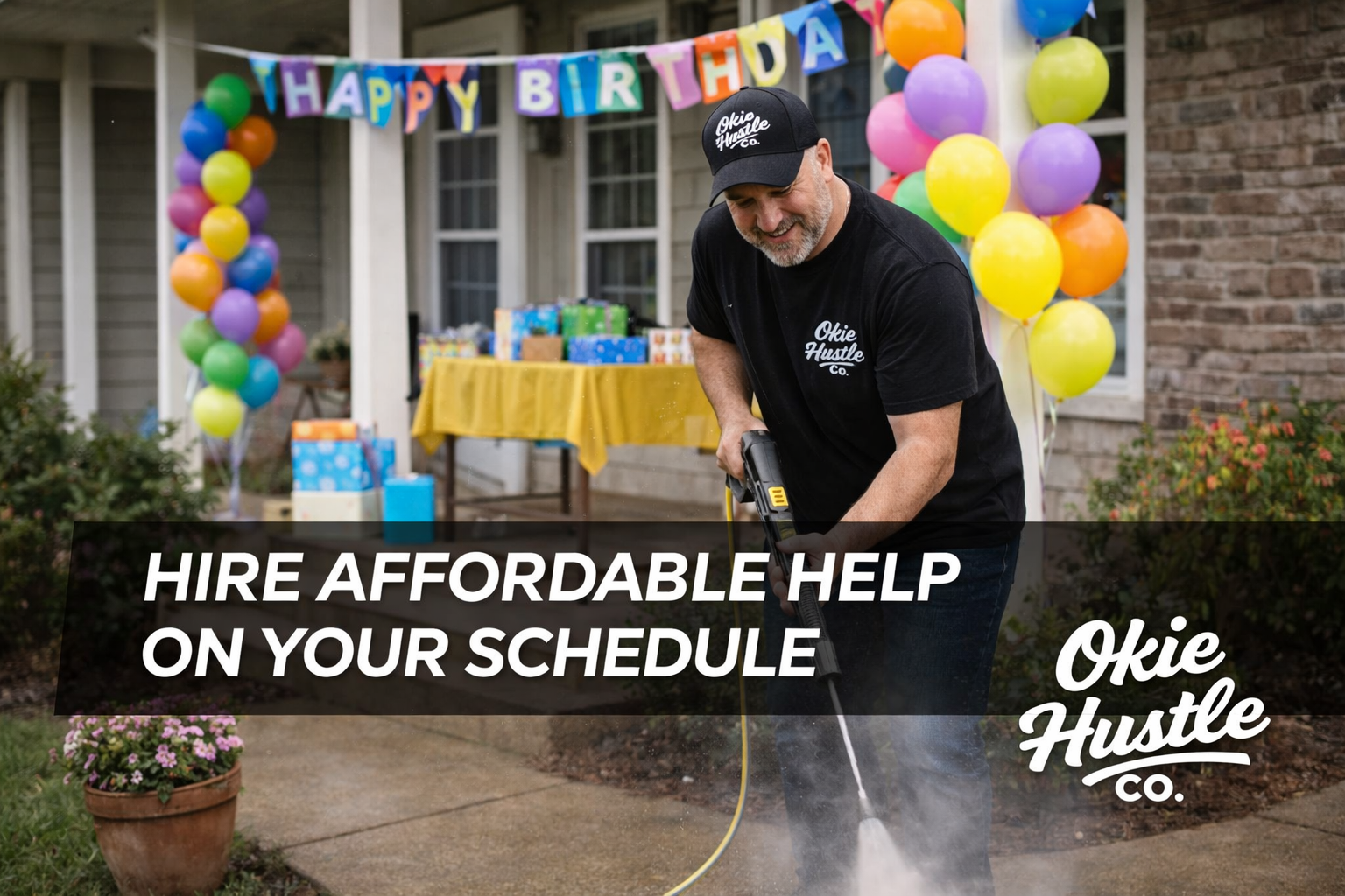 Okie Hustle pressure washing a front walkway for an event setup